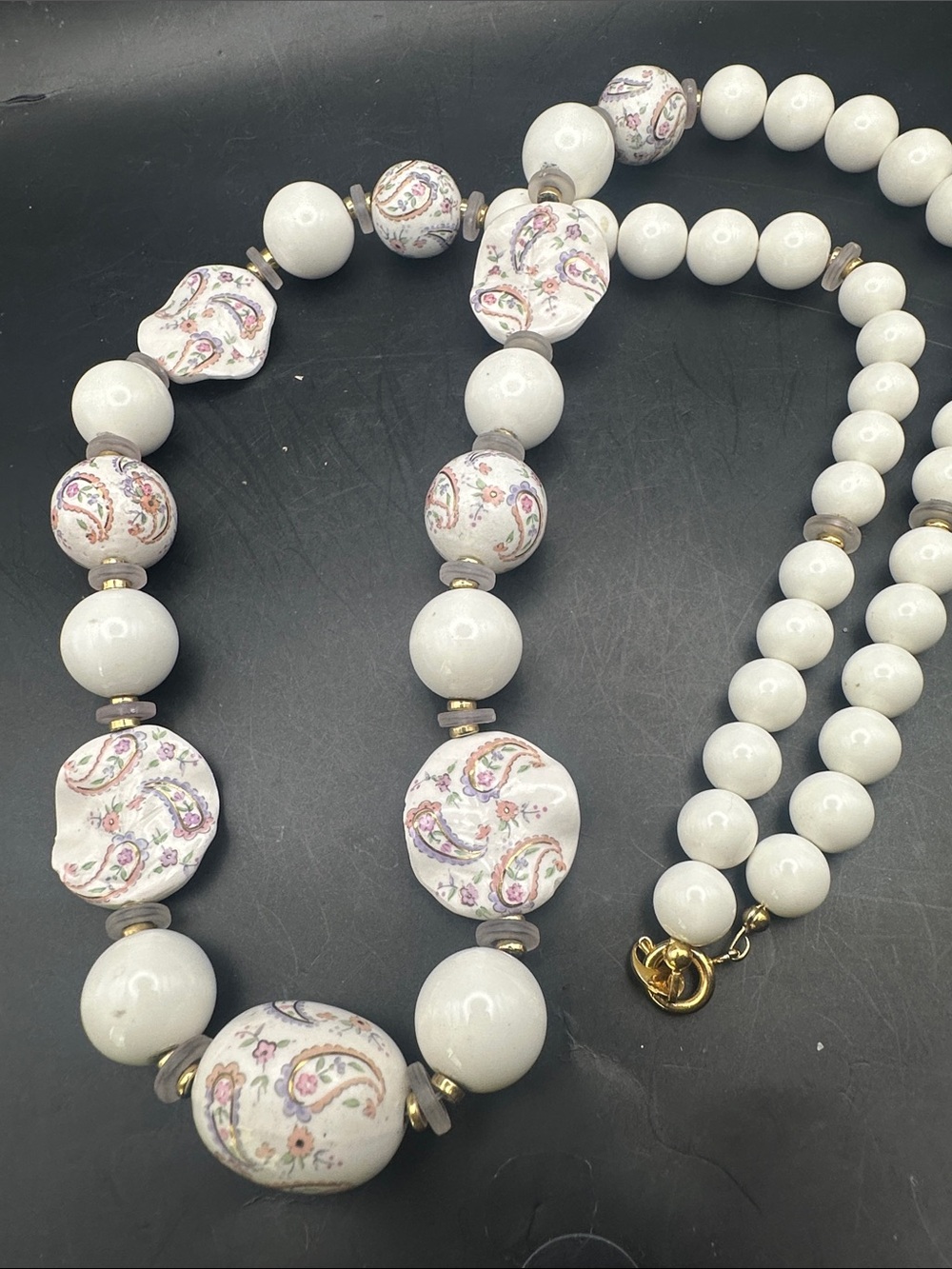 Paisley Handpainted Long Beaded Necklace Vtg Japan Glass Beads 30" Multishaoe